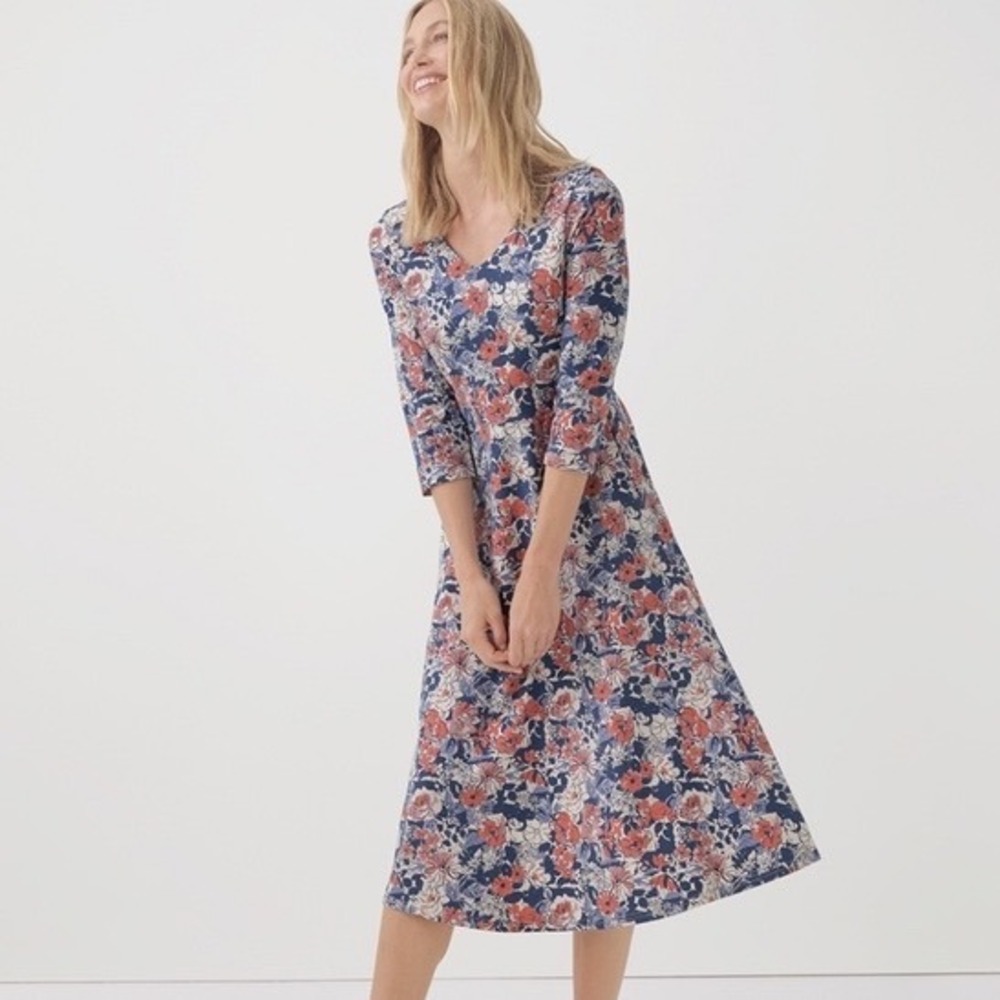 Pact Organic Cotton Fit and Flare Midi Dress 3/4 Sleeve Blue Orange Size Large